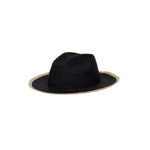 Black straw fedora with tan brim, a stylish Paya Packable hat made from toquilla straw