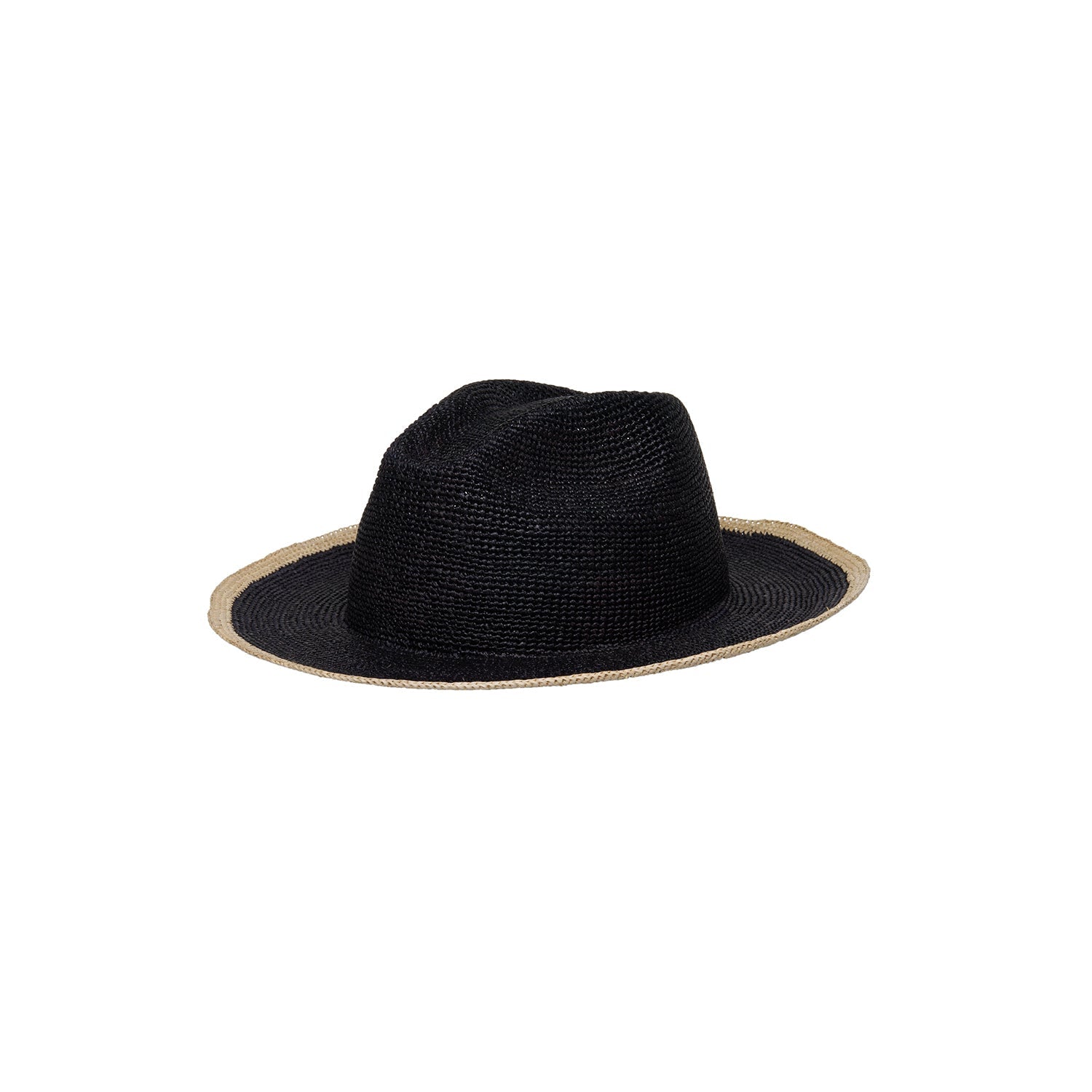 Black straw fedora with tan brim, a stylish Paya Packable hat made from toquilla straw
