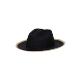 Black straw fedora with tan brim, a stylish Paya Packable hat made from toquilla straw
