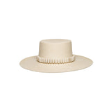 Beige straw boater hat from Raku - Wide Brim adorned with tagua nut beads