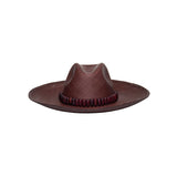 Brown woven cowboy hat with beaded band, featuring a wide brim and made from toquilla straw