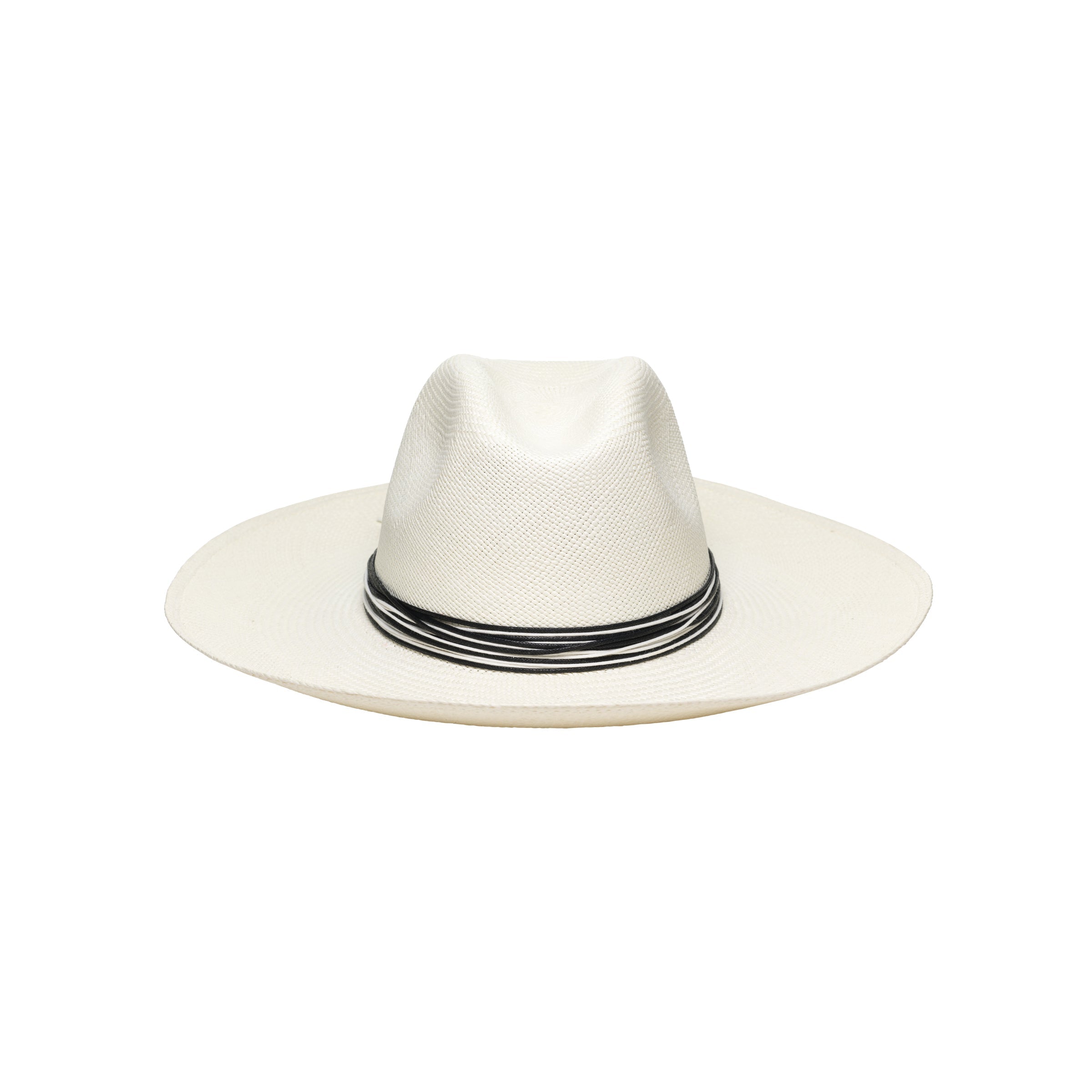 White toquilla straw hat with black band from Lagos, featuring custom initials and sustainable materials