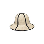Woven straw sun hat with black trim, crafted from natural toquilla straw, Sandra - Foldable