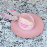 Pink hand dyed toquilla straw sun hat with ribbon and custom initials detail