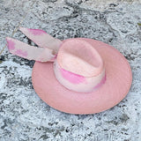 Pink hand dyed toquilla straw sun hat with ribbon and custom initials detail