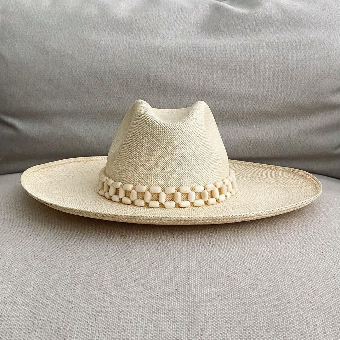 Beaded Peoni - Wide Brim hat made from natural toquilla straw for stylish sun protection