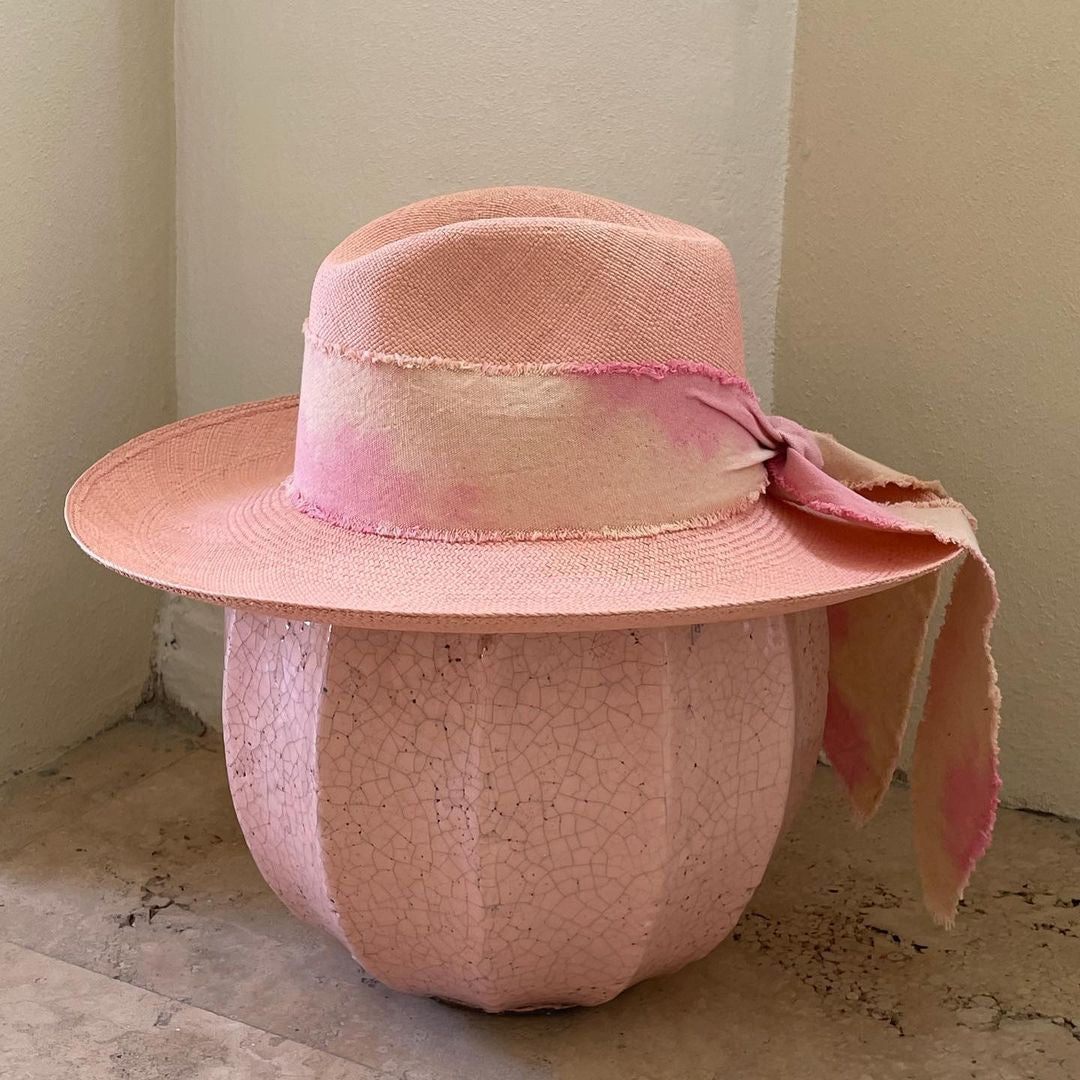 Pink toquilla straw hat with hand dyed tie-dye ribbon and custom initials design