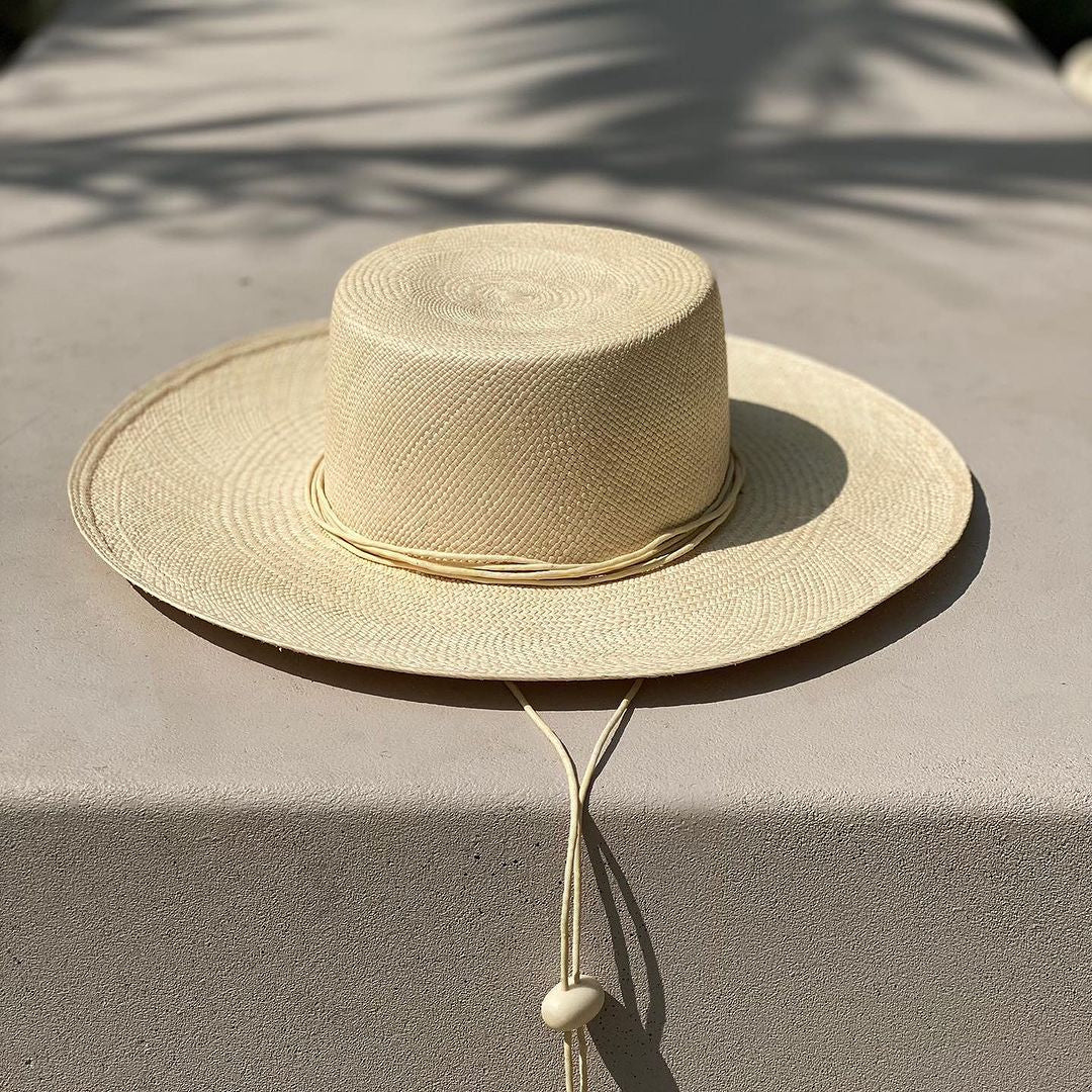 Straw sun hat with chin strap, Jacaranda, wide brim genuine Panama hat made from toquilla straw
