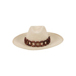 Beige toquilla straw hat with wooden bead band, handcrafted style named Ine
