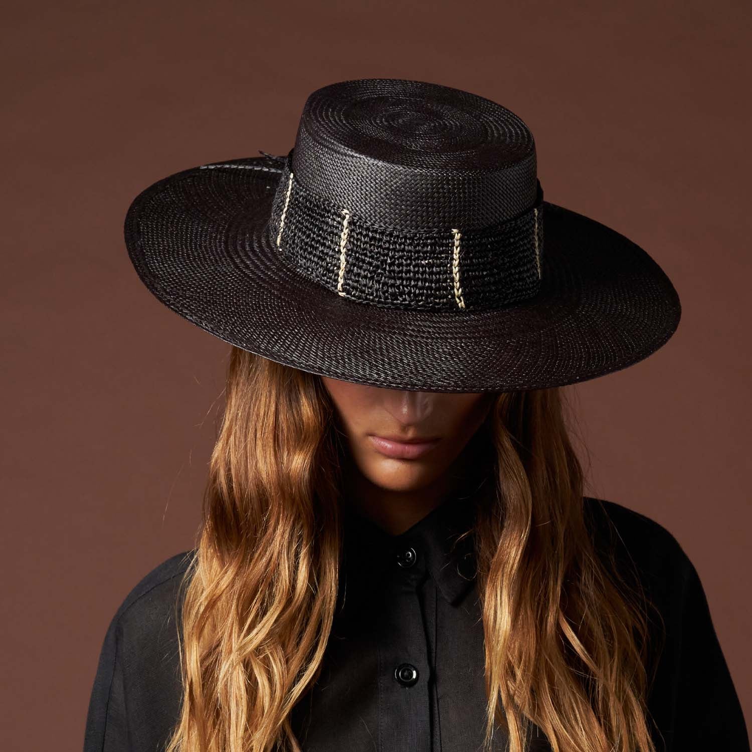 Black straw boater hat Toledo made from natural toquilla straw for stylish summer wear