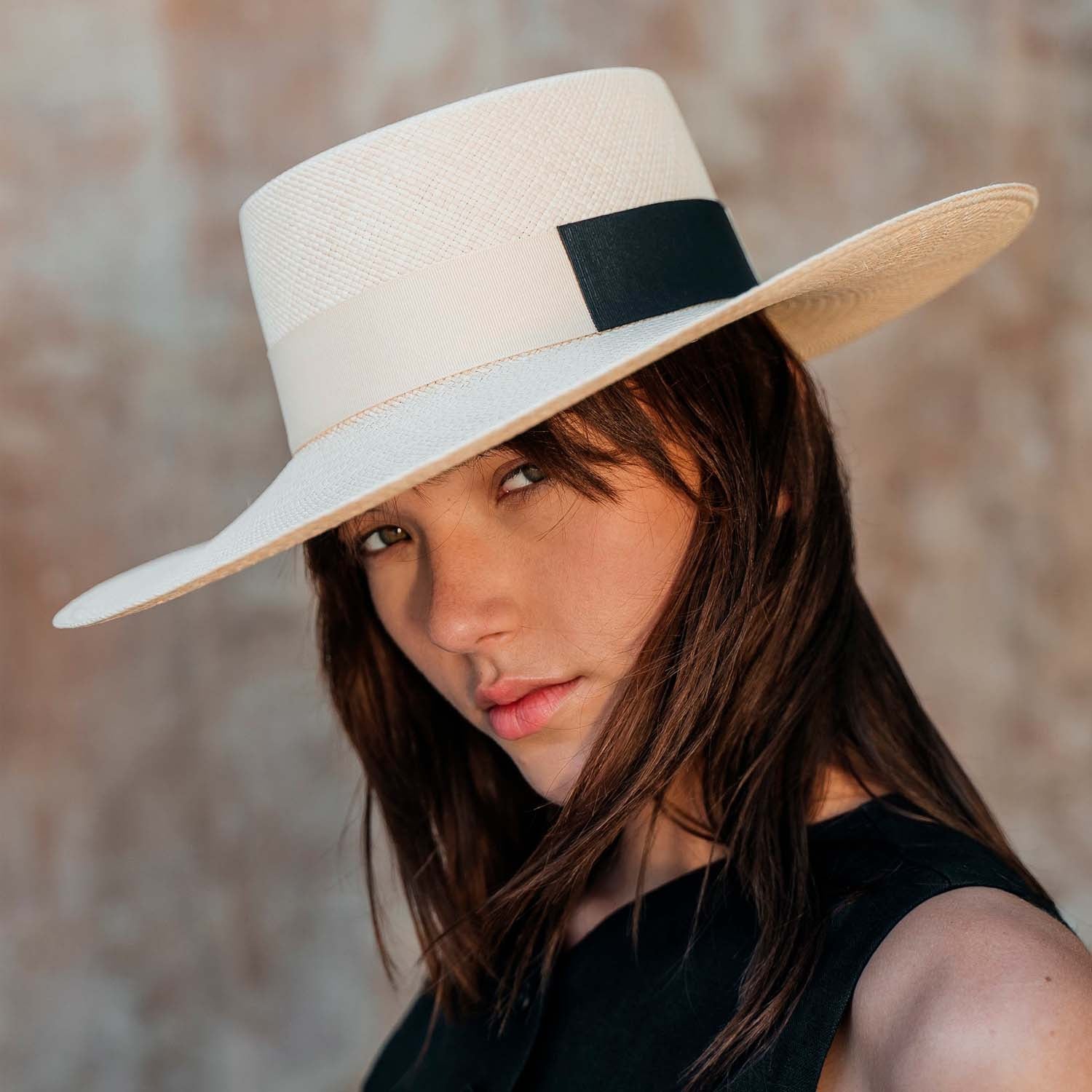 Wide-brimmed White Hat with Black Band made from Natural Toquilla Straw