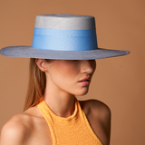 Stylish gray and blue Yaku Wide Brim genuine Panama hat made from toquilla straw