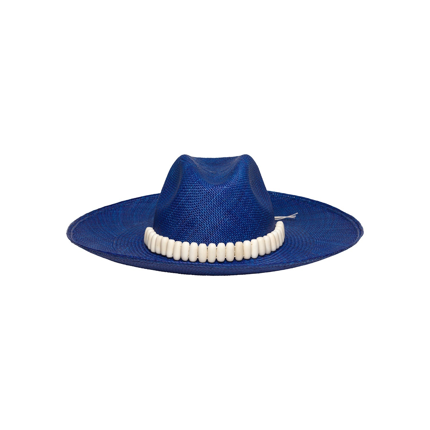 Blue toquilla straw wide brim hat with a white beaded band, stylish and elegant