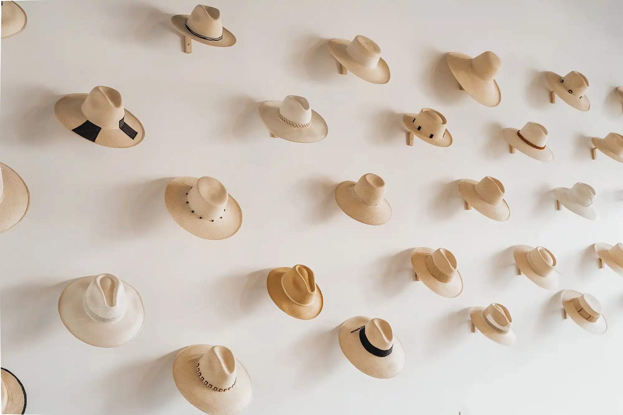 Collection of beige cowboy hats mounted on a wall.
