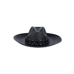 Black woven cowboy hat with chain detail, ethically handcrafted from toquilla straw