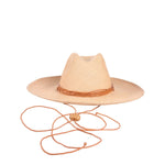 Beige Bromelia Panama hat made of natural toquilla straw with a brown chin strap
