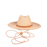 Beige Bromelia Panama hat made of natural toquilla straw with a brown chin strap