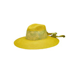 Yellow toquilla straw sun hat with patterned band and custom initials design