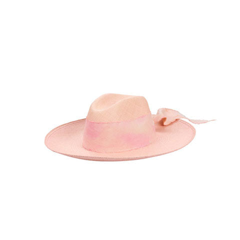 Pink fedora with ribbon made from hand dyed toquilla straw featuring custom initials