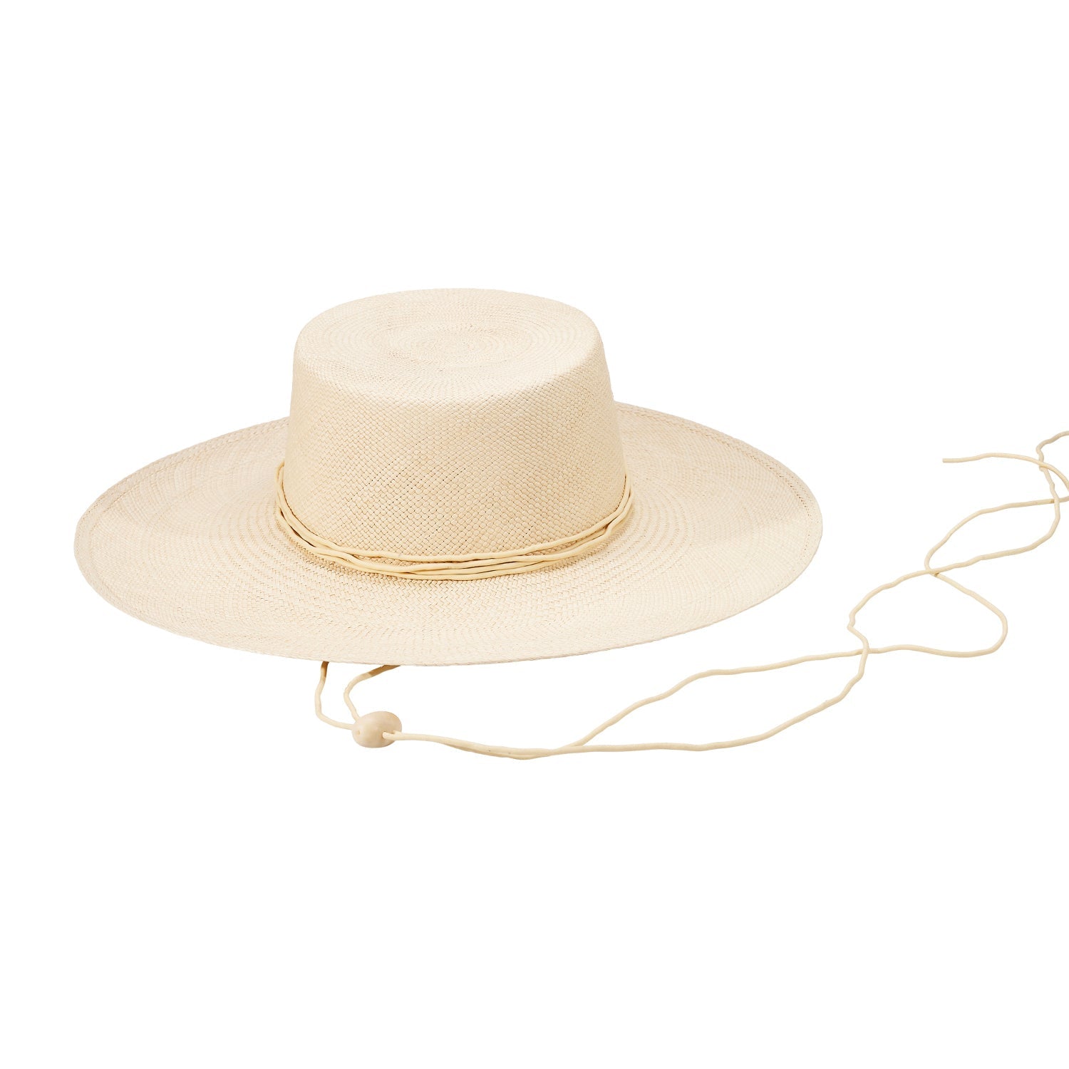 Beige toquilla straw Jacaranda boater hat with chin strap and wide brim style