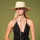 Beige toquilla straw Jacaranda wide brim hat with chin strap for sun protection