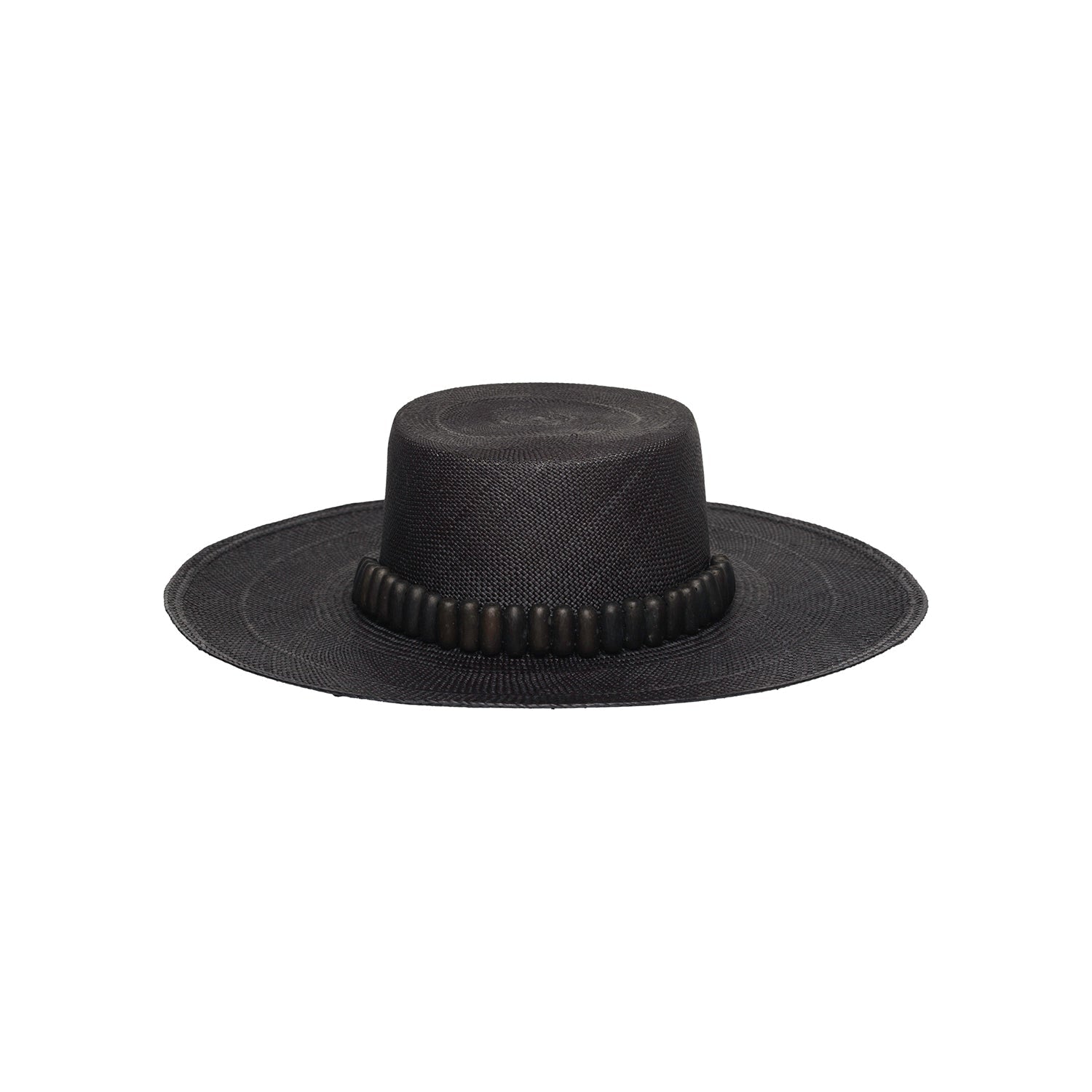 Black straw bolero hat from Raku - Wide Brim adorned with tagua nut beads