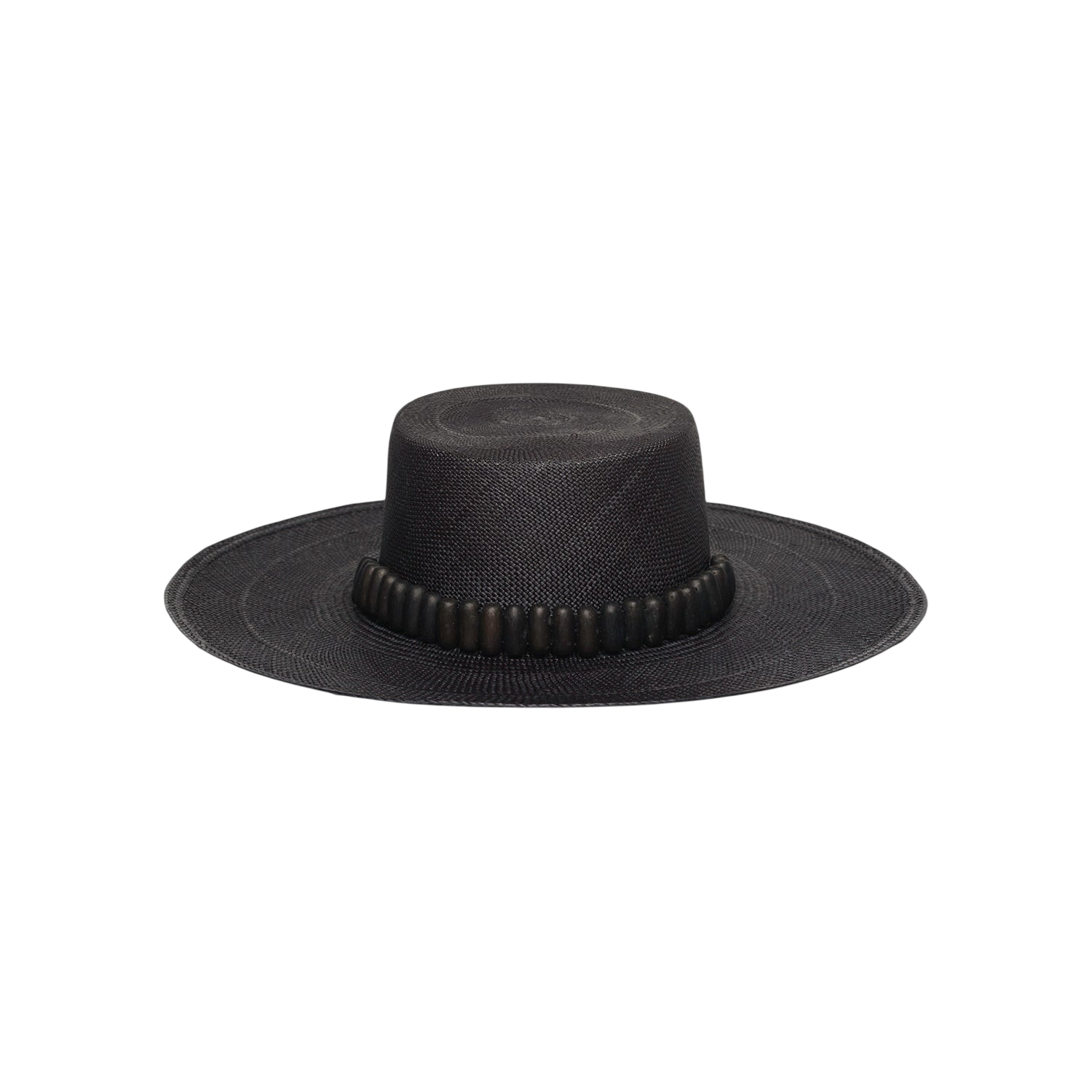 Black straw bolero hat from Raku - Wide Brim adorned with tagua nut beads