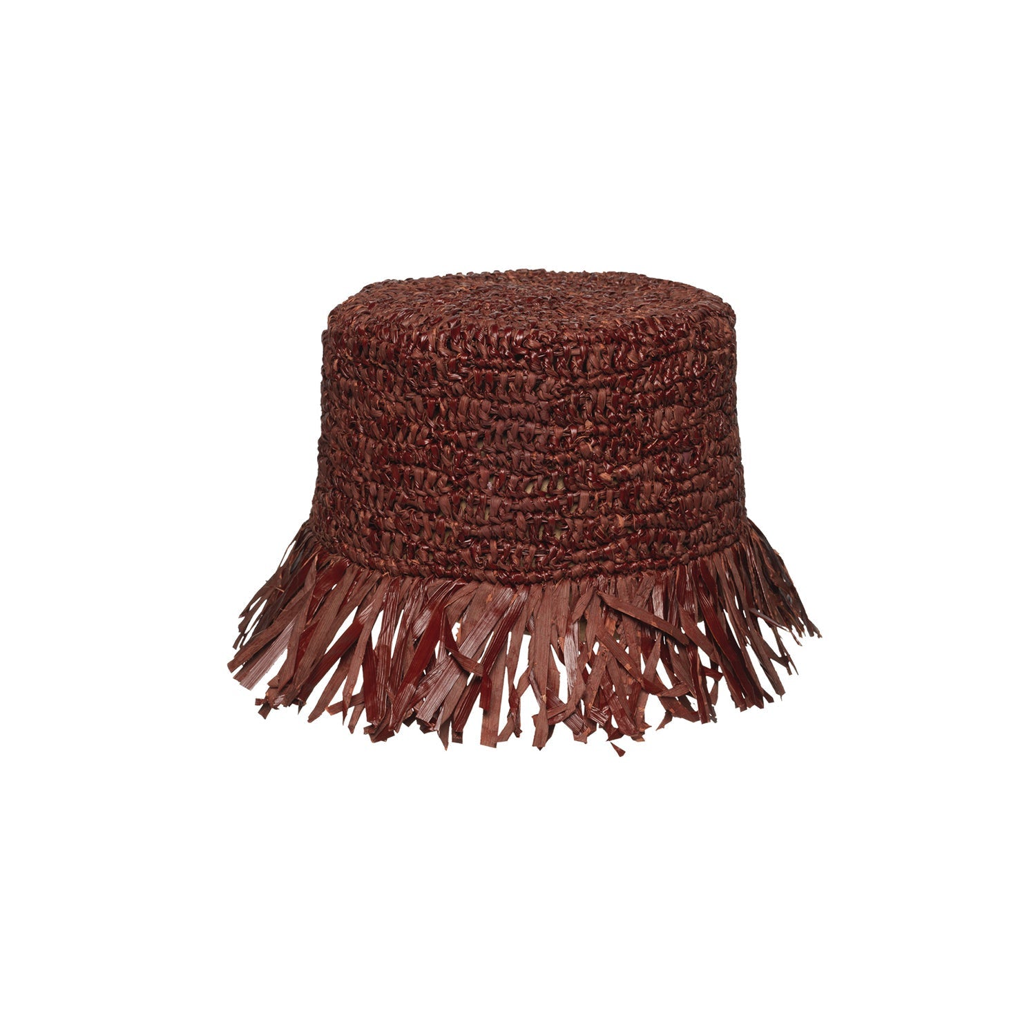 Brown raffia bucket hat with fringe, featuring frayed edges, inspired by genuine Panama hat