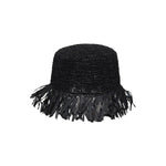 Black raffia bucket hat with fringe, featuring toquilla straw and frayed edges, Isola - Packable