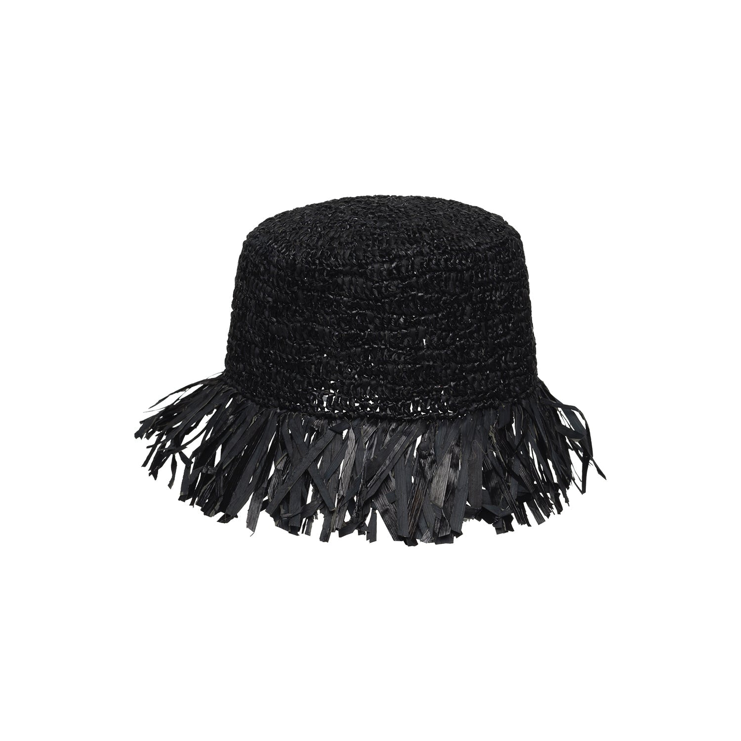 Black raffia bucket hat with fringe, featuring toquilla straw and frayed edges, Isola - Packable
