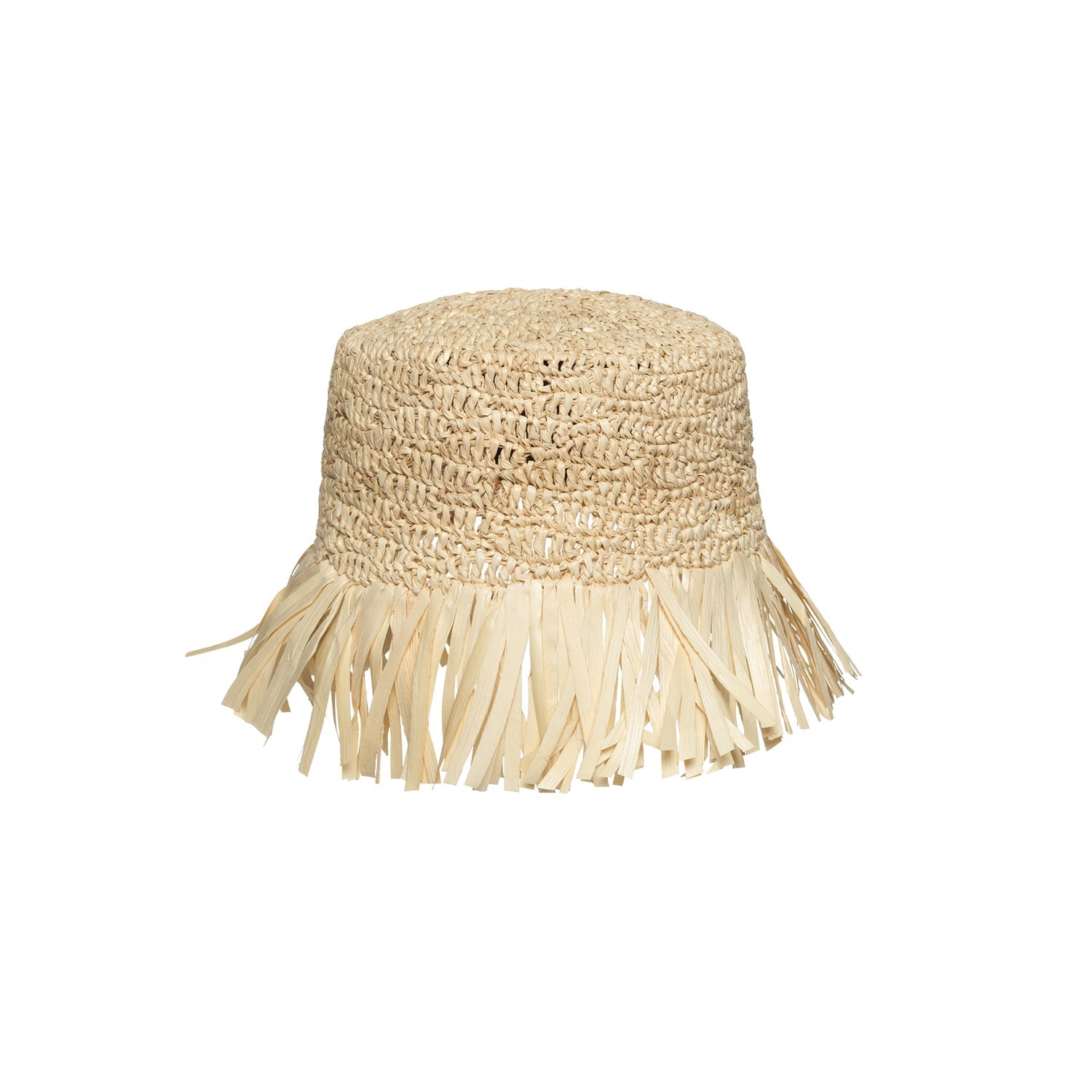 Woven Toquilla straw bucket hat with fringe edges, a stylish genuine Panama hat