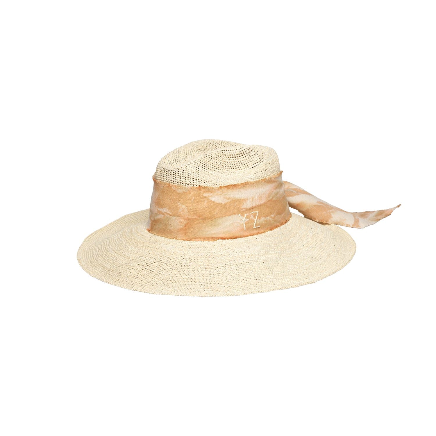 Wide-brimmed straw hat with patterned ribbon and custom initials in hand dyed toquilla straw