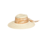 Wide-brimmed straw hat with patterned ribbon and custom initials in hand dyed toquilla straw