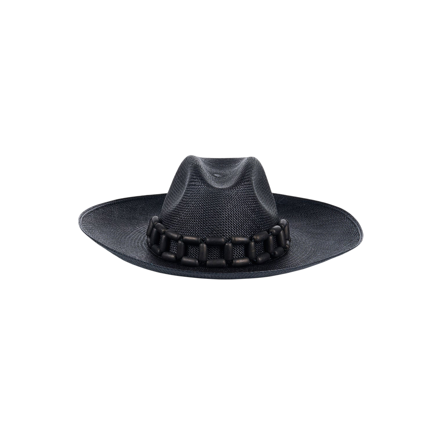 Black woven cowboy hat with chain detail, ethically handcrafted from toquilla straw
