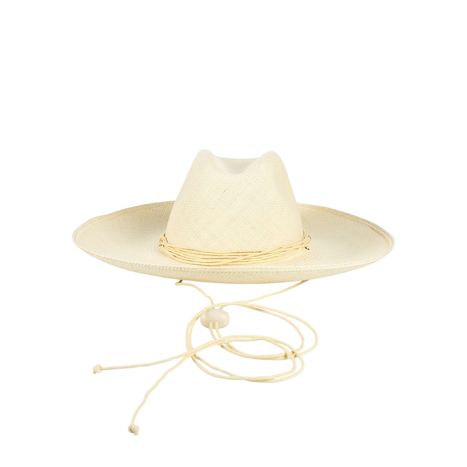 Beige straw cowboy hat made of natural toquilla straw with a chin strap from Bromelia