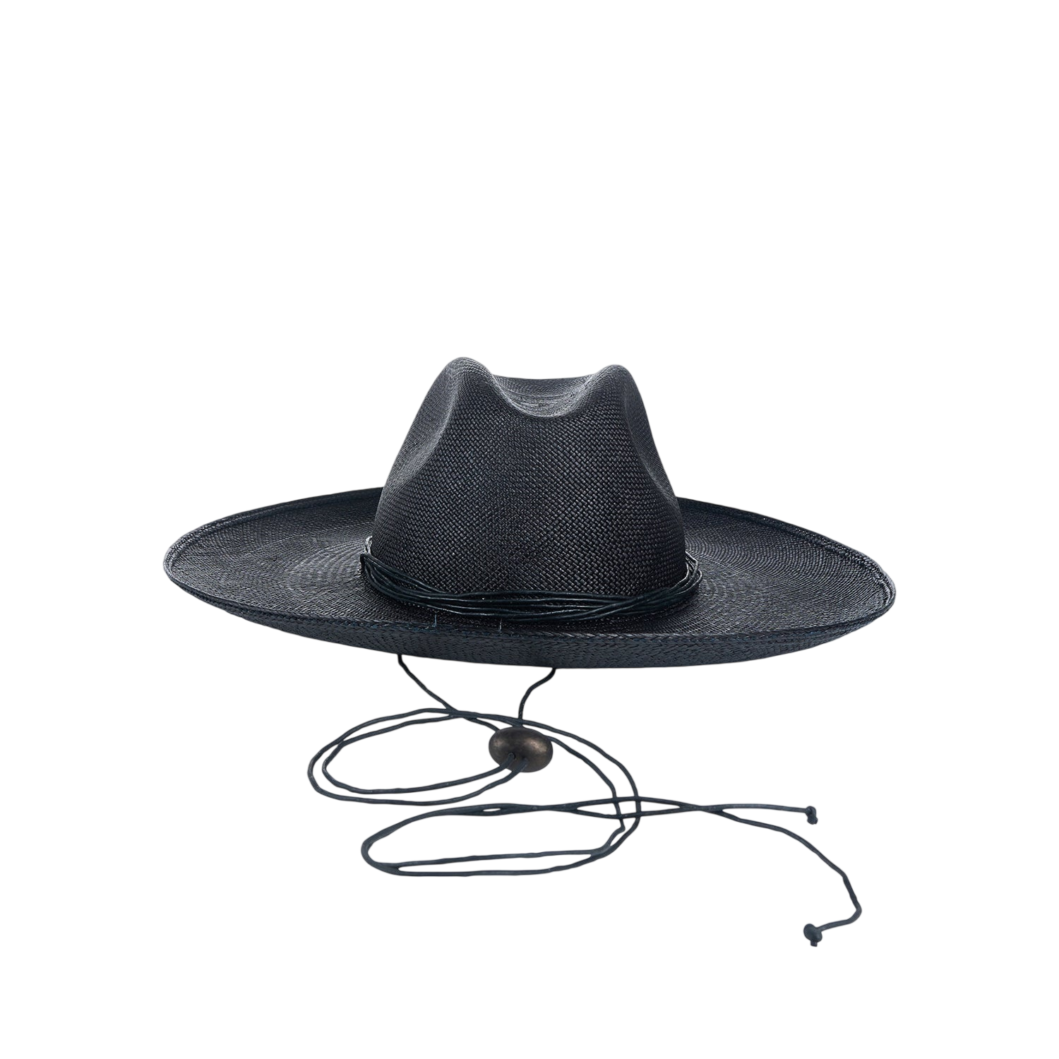 Black straw fedora with chin strap, made of natural toquilla straw, model Bromelia