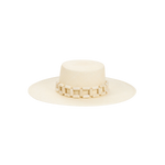 Cream-colored toquilla straw Ayabe hat with chain detail, ethically handcrafted design