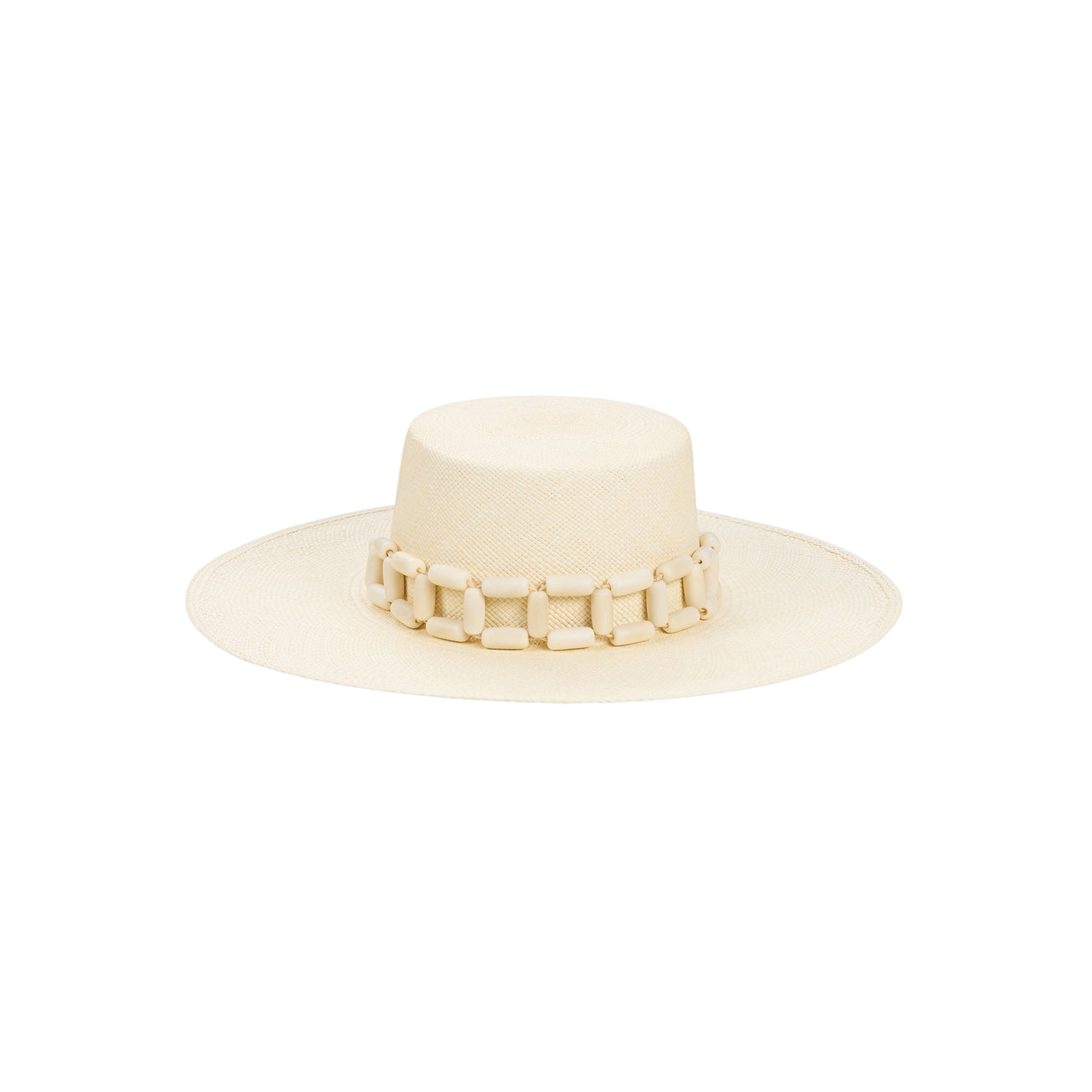 Cream-colored toquilla straw Ayabe hat with chain detail, ethically handcrafted design