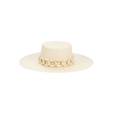 Cream-colored toquilla straw Ayabe hat with chain detail, ethically handcrafted design
