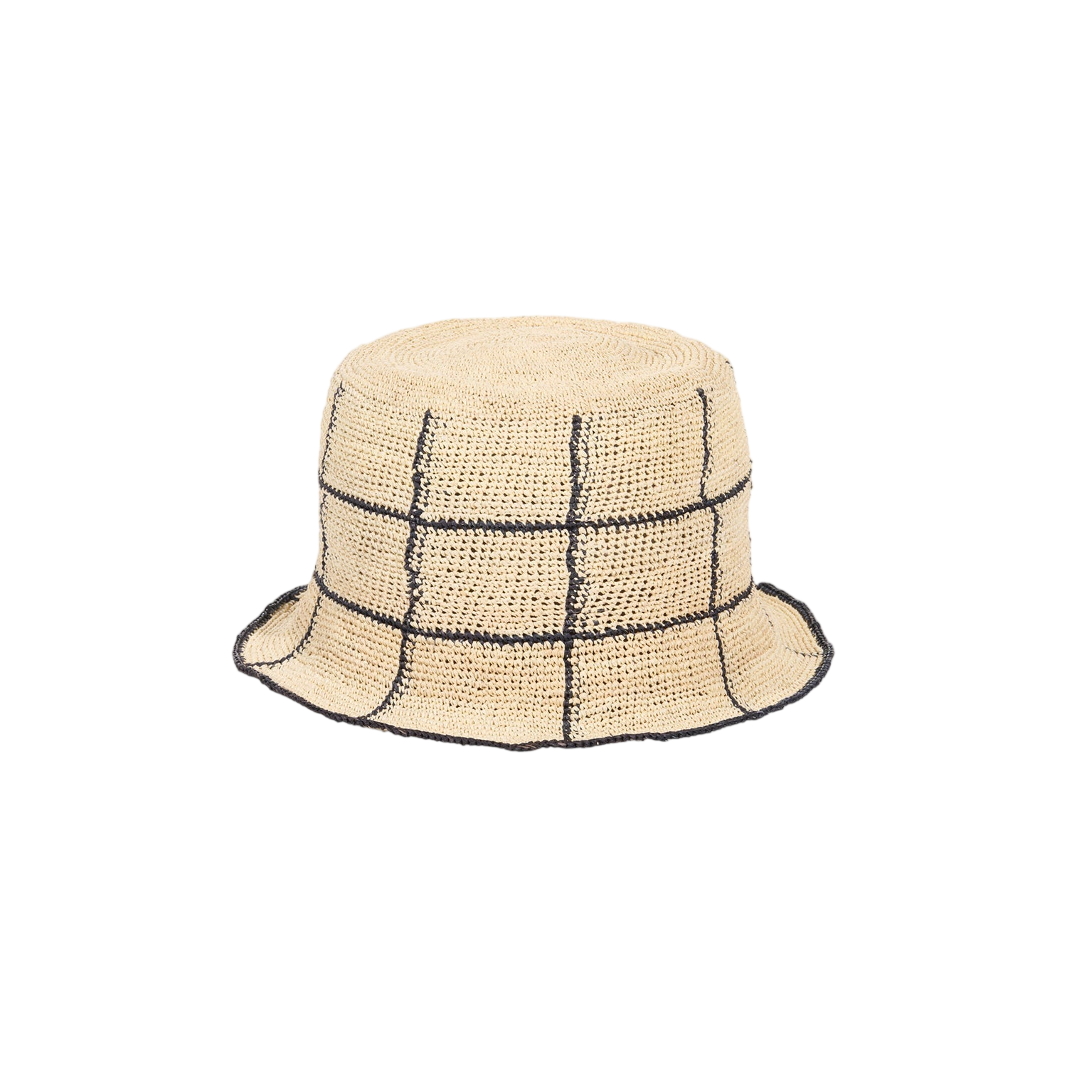 Beige toquilla straw bucket hat with black grid, Cruz Packable, ethically handcrafted