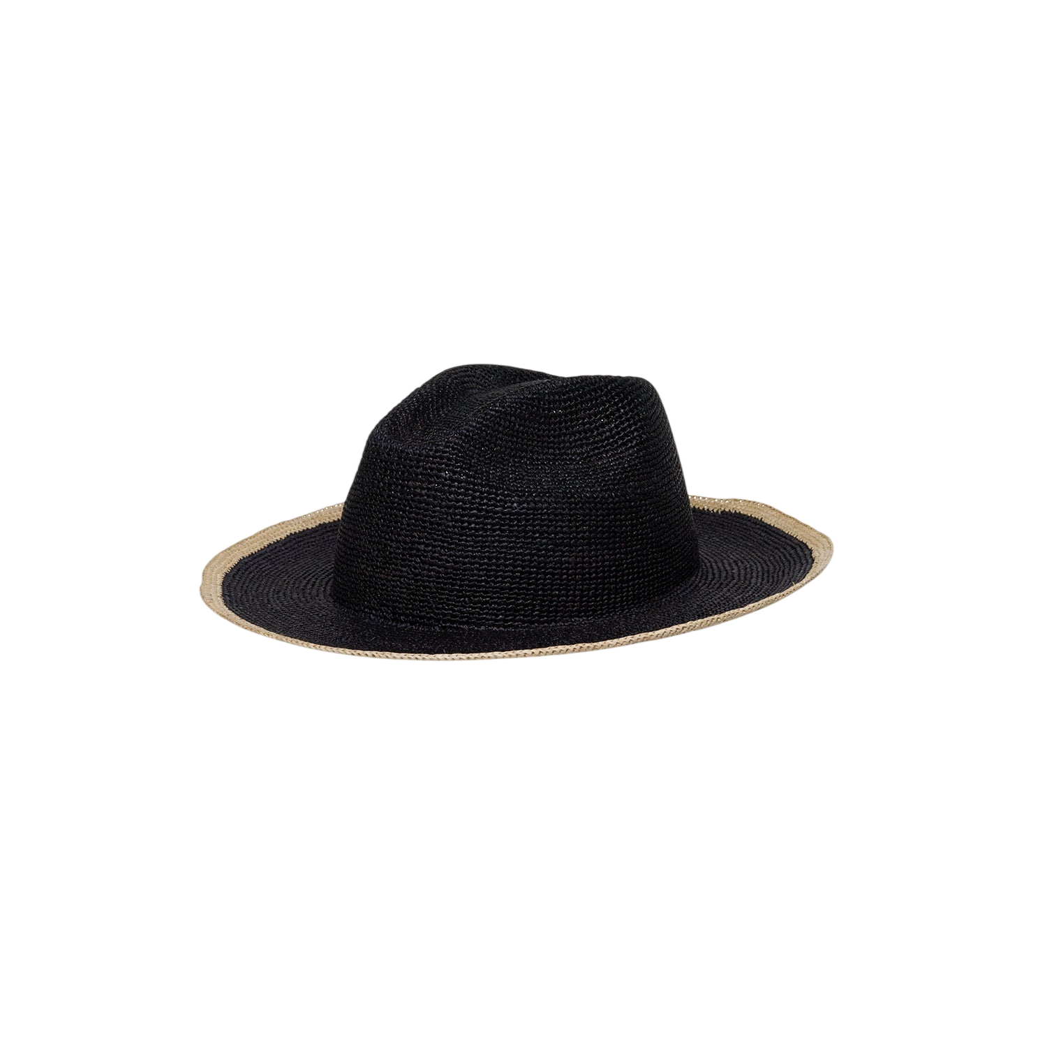 Black straw fedora with tan brim, a stylish Paya Packable hat made from toquilla straw