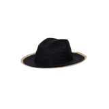 Black straw fedora with tan brim, a stylish Paya Packable hat made from toquilla straw