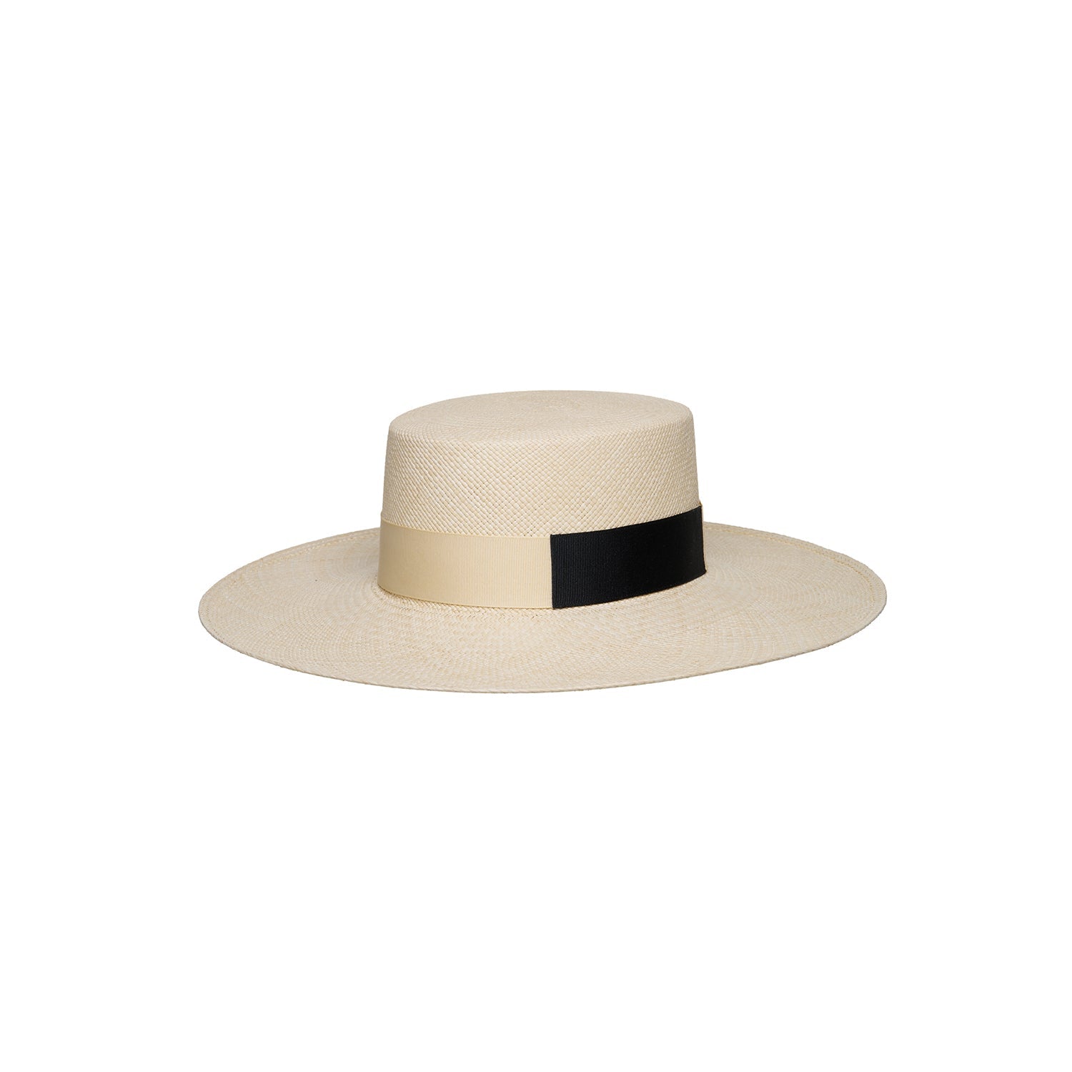 Beige Natural Toquilla Straw Boater Hat with Black Band from Kuntur - Wide Brim