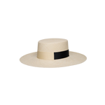 Beige Natural Toquilla Straw Boater Hat with Black Band from Kuntur - Wide Brim
