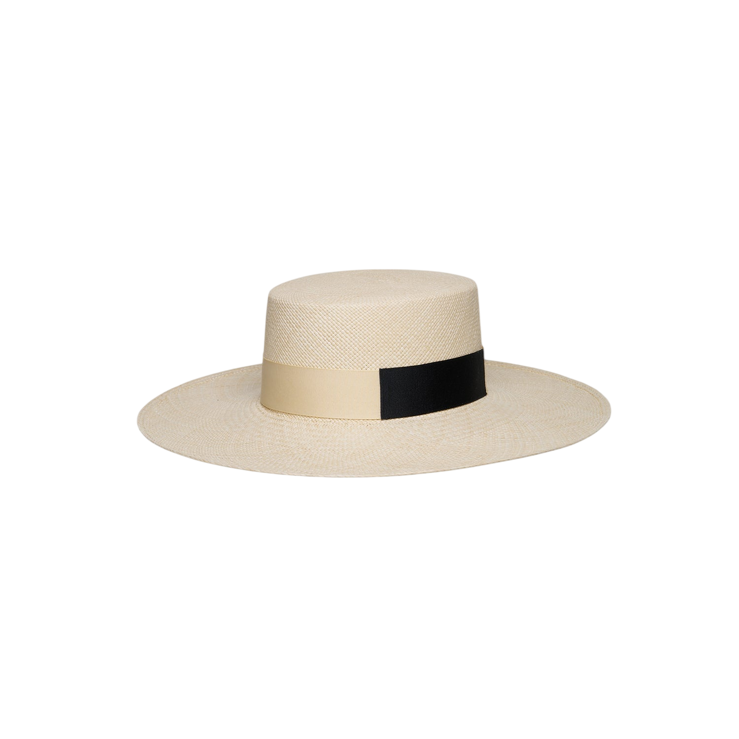 Beige Natural Toquilla Straw Boater Hat with Black Band from Kuntur - Wide Brim