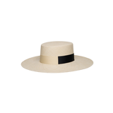 Beige Natural Toquilla Straw Boater Hat with Black Band from Kuntur - Wide Brim