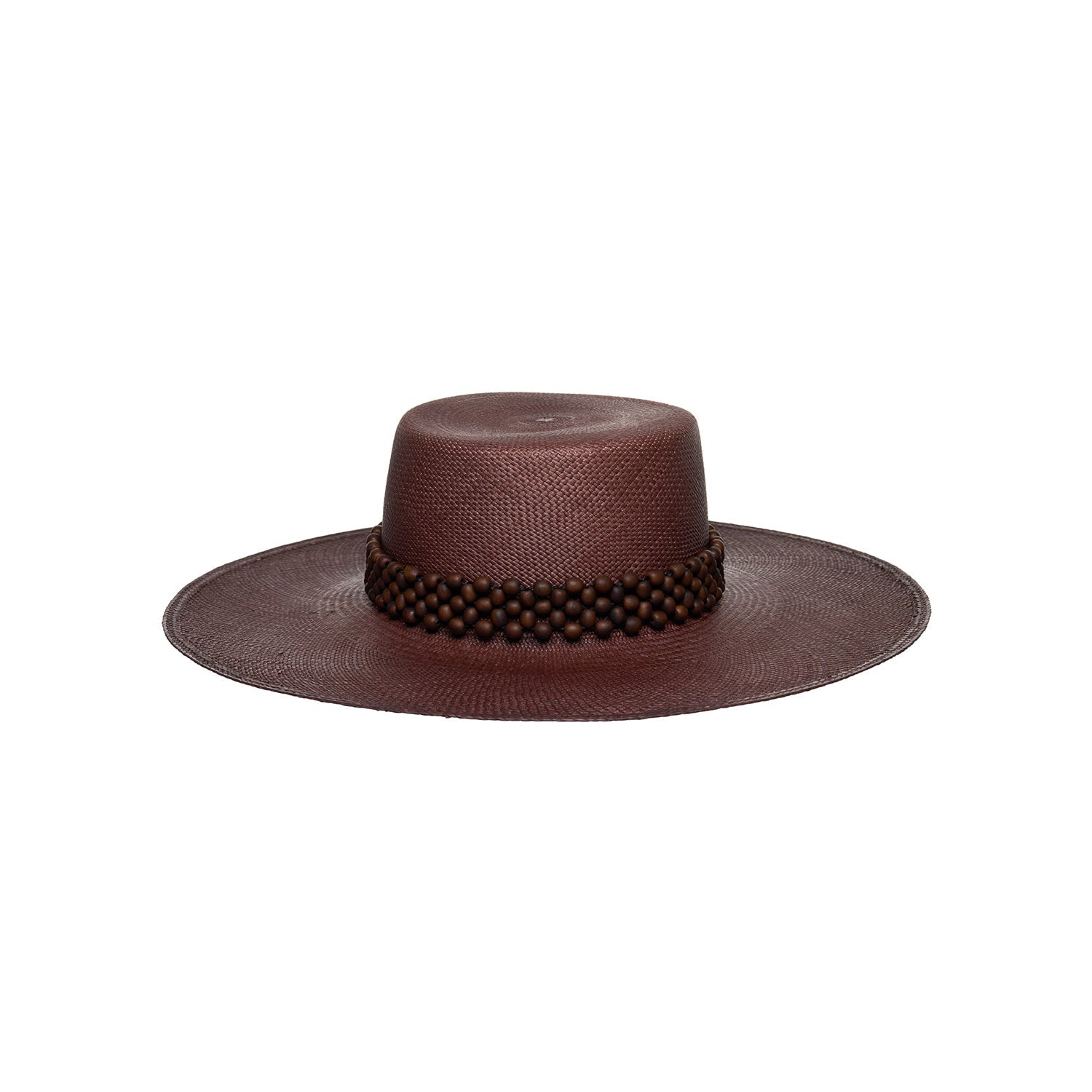 Brown woven Wasi Wide Brim hat with beaded band made from natural toquilla straw