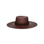 Brown woven Wasi Wide Brim hat with beaded band made from natural toquilla straw