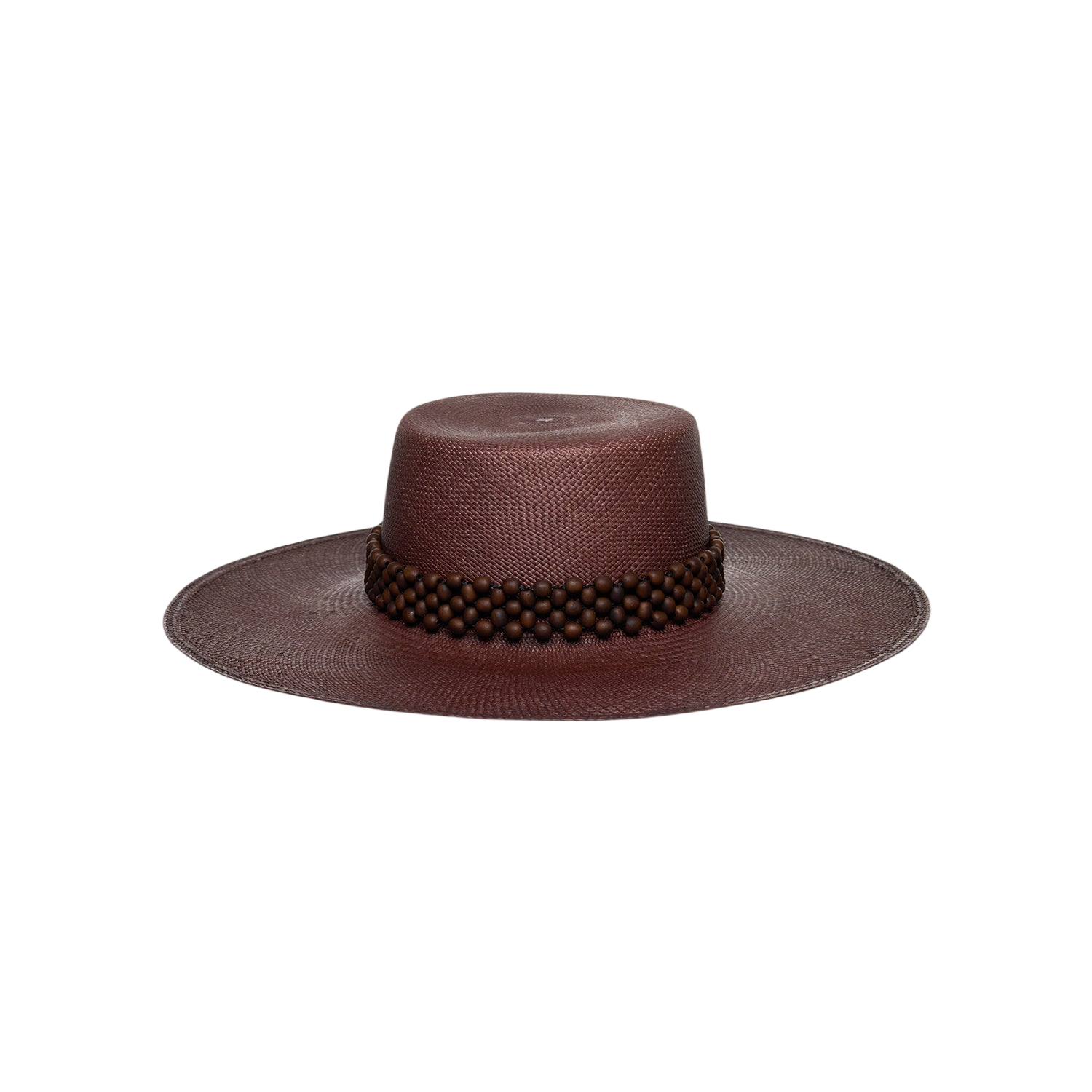 Brown woven Wasi Wide Brim hat with beaded band made from natural toquilla straw