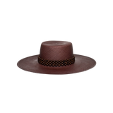Brown woven Wasi Wide Brim hat with beaded band made from natural toquilla straw